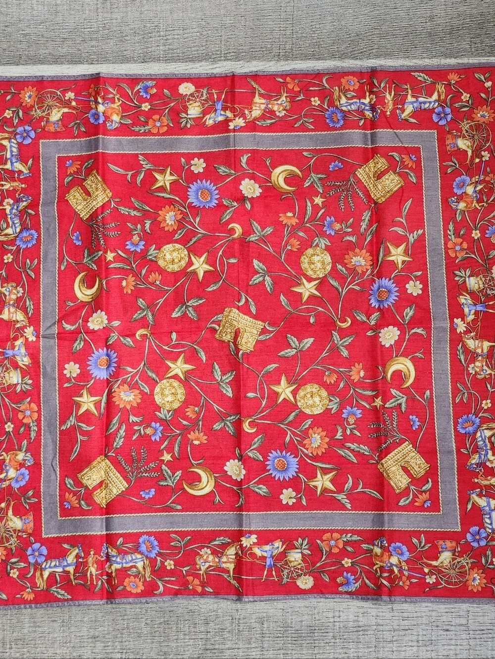 Vintage CELINE Paris Red Equestrian Carriage Cotton Handkerchief Scarf 18
